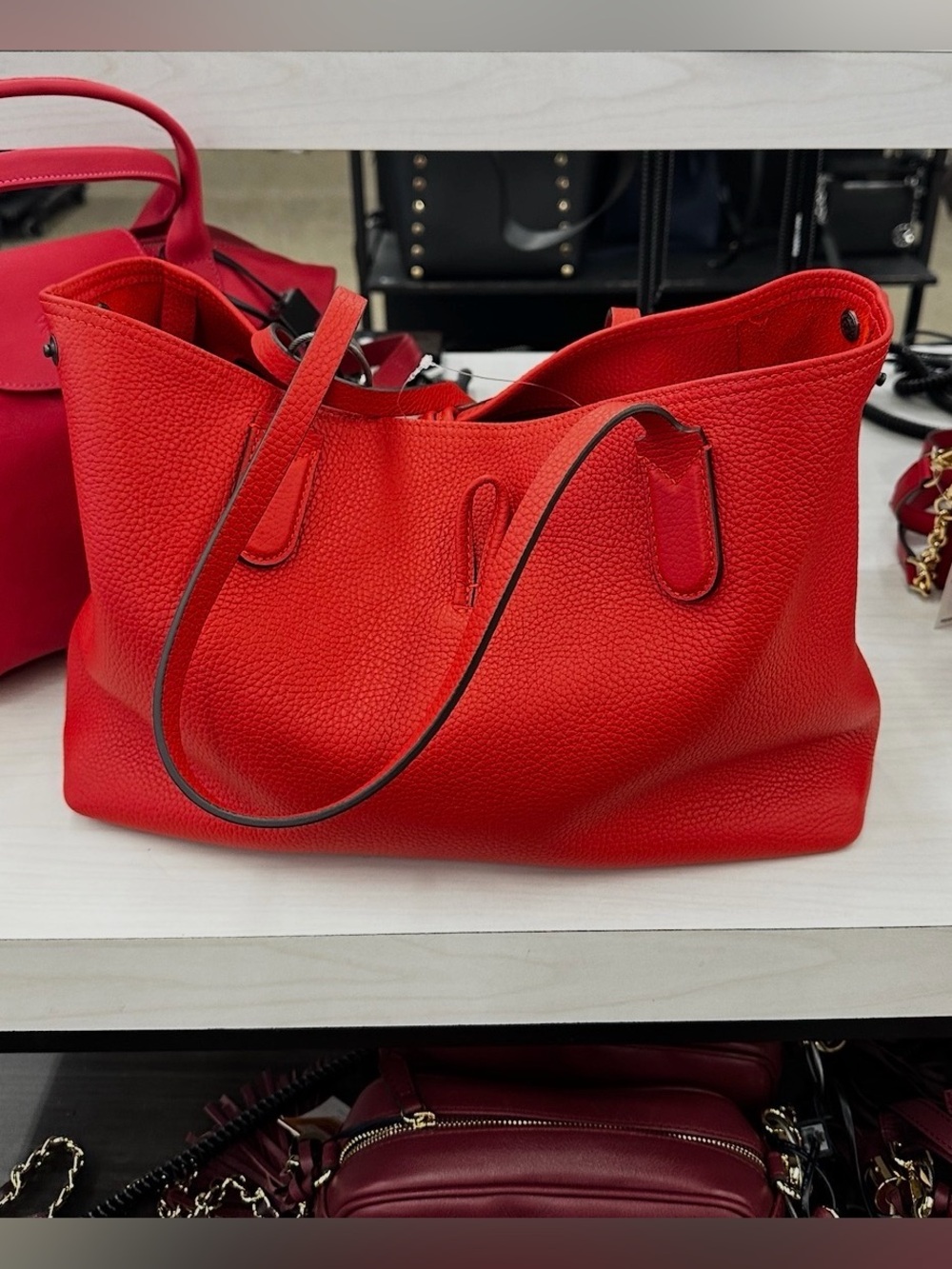 Longchamp Roseau Red Leather Tote Bag Bamboo Toggle